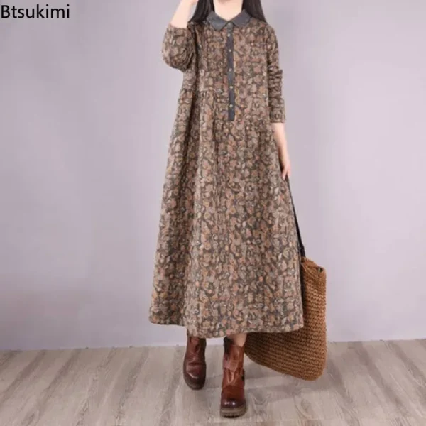 Btsukimi 2025 Autumn Cotton Linen Floral A-Line Dress