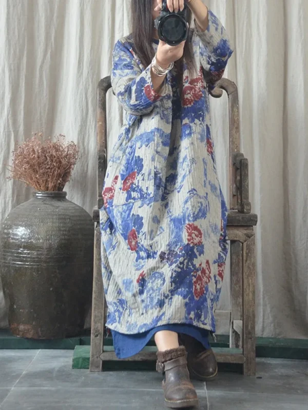 Women Autumn Loose Cotton Linen Chinese Style Dress