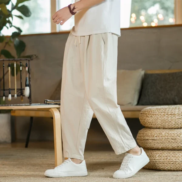 Men's Trousers Cotton Linen Fashion Casual Pants Solid Color Breathable Loose Shorts Straight Drawstring Pants Streetwear Men - Image 3