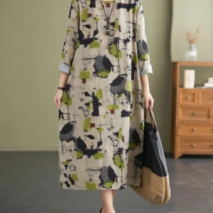 AnGenk Cotton Linen Spring Printed Casual Dress