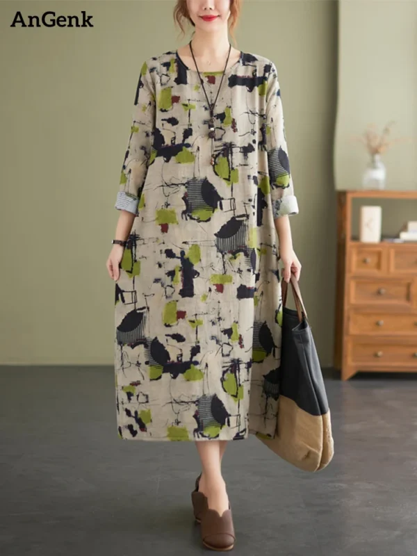 AnGenk Cotton Linen Spring Printed Casual Dress