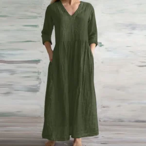 MsChuh Cotton Linen Loose V-Neck Long Casual Dress
