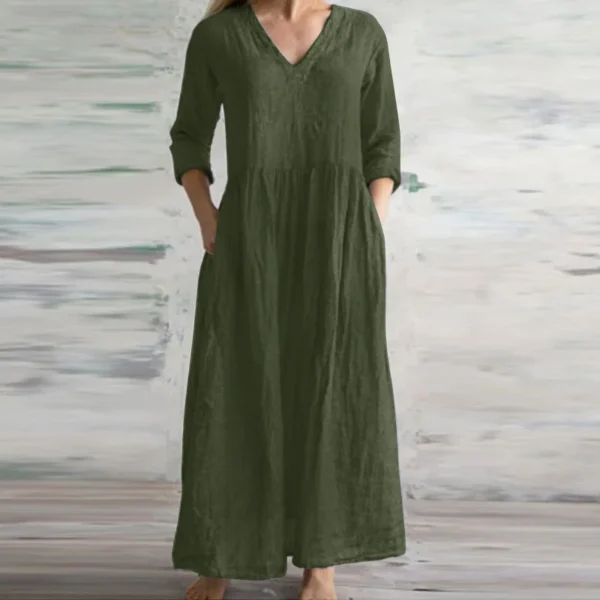 MsChuh Cotton Linen Loose V-Neck Long Casual Dress