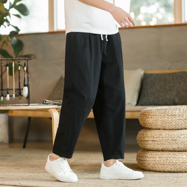Men's Trousers Cotton Linen Fashion Casual Pants Solid Color Breathable Loose Shorts Straight Drawstring Pants Streetwear Men - Image 5