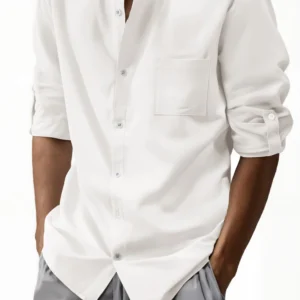 New men's solid-color cotton and linen shirt, stylish for daily wear, home use and casual occasions, with buttoned vertical coll