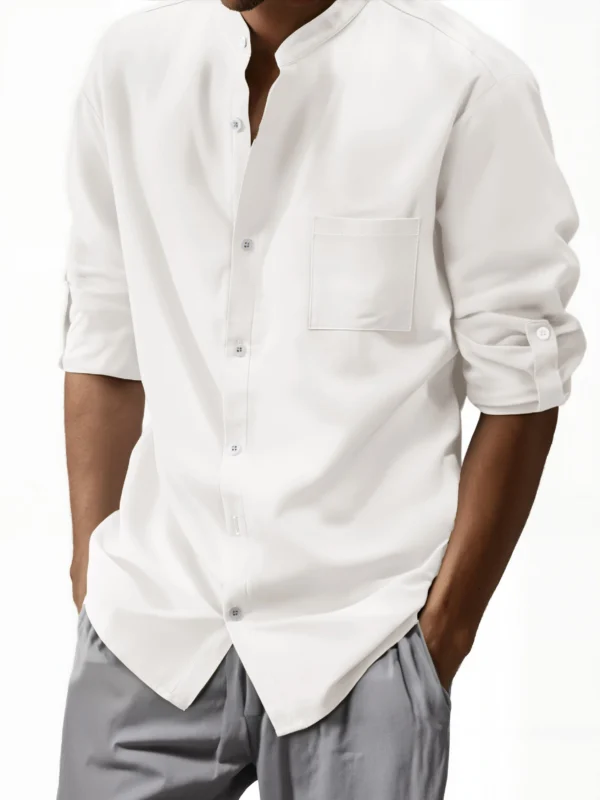 New men's solid-color cotton and linen shirt, stylish for daily wear, home use and casual occasions, with buttoned vertical coll