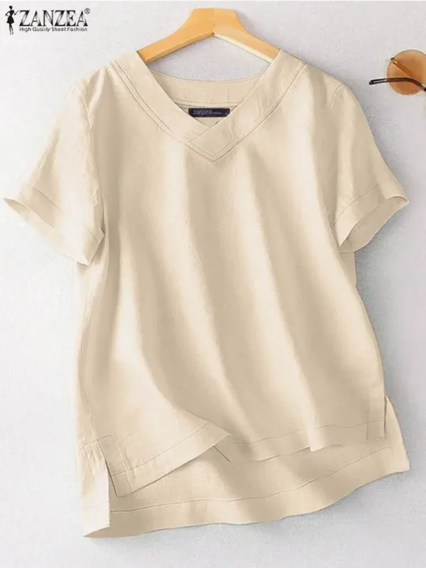 ZANZEA Women Summer Oversized Cotton V-Neck Blouse