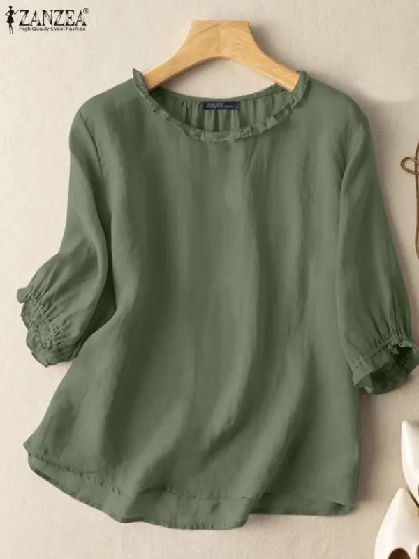 ZANZEA Women Autumn Puff Sleeve Solid Blouse