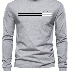 Men's 100% pure cotton summer loose comfortable casual PARIS print large round neck long sleeve T-shirt top
