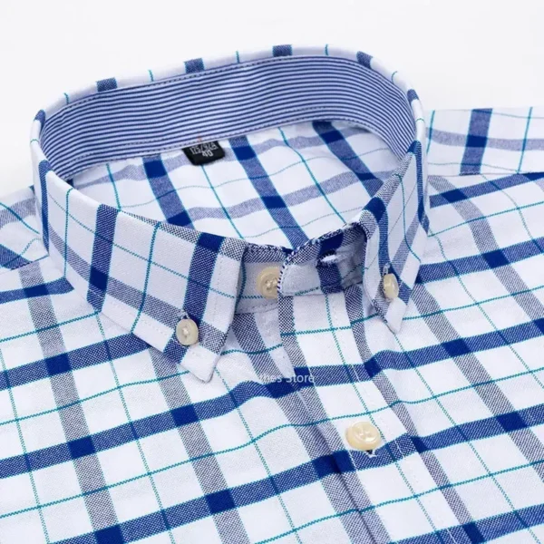 2024 100% Pure Cotton Men's Oxford Short Sleeve Square Collar Soild Plaid Striped Summer Casual Shirts Single Pocket Shirt - Image 2