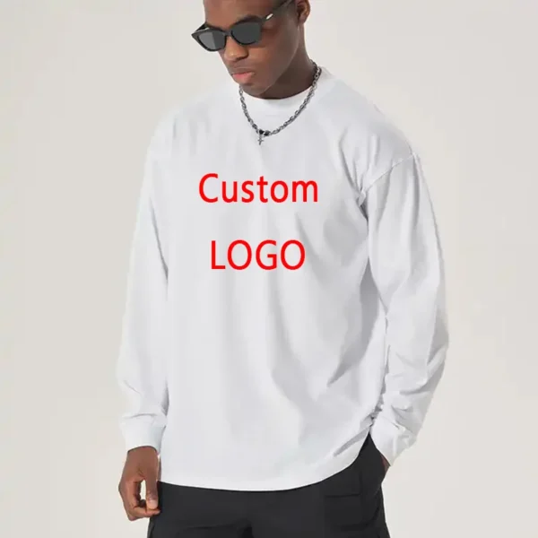 DIY LOGO Custom 300GSM 100% Cotton Heavyweight Autumn Long Sleeves T Shirt for Men Shirt O-Neck White Tops Oversized Men's