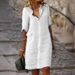 White Cotton Shirt Dress – Linen Blend Mini for Women