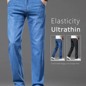 Summer Thin Men's Straight Jeans Classic Black Blue Stretch Casual Business Baggy Denim Pants Male Brand Trousers