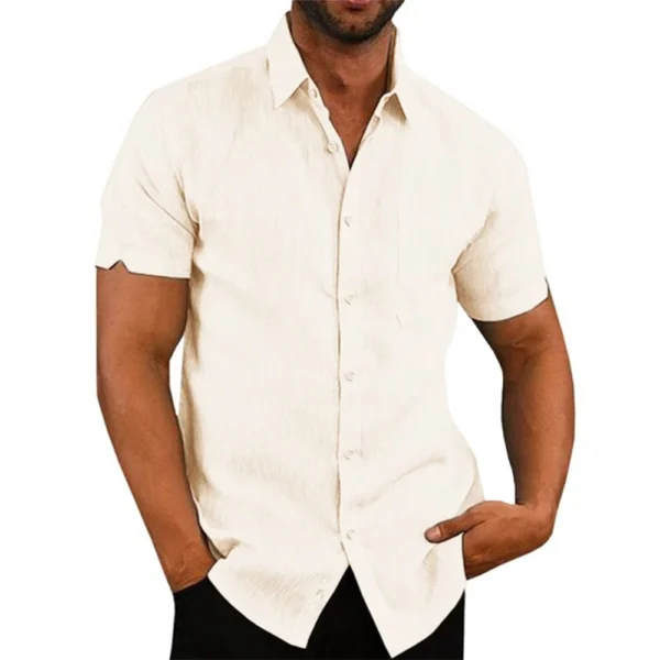 Cotton Linen Hot Sale Men's Short-Sleeved Shirts Summer Solid Color Turn-down collar Casual Beach Style Plus Size - Image 3