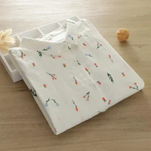 Women’s White Cotton Shirt – Plant Print Japan Style Blouse