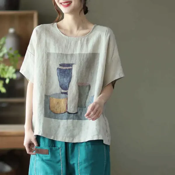 Vintage Cotton Linen Women’s Loose Summer Casual Blouse - Image 2