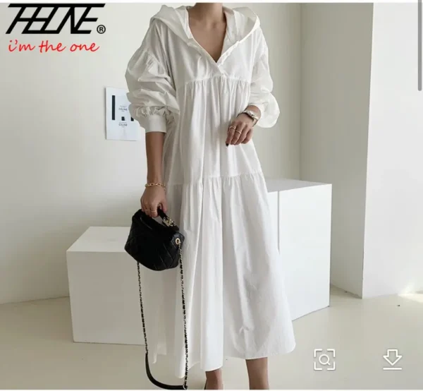 Women’s Hooded Cotton Linen A-Line Long Sleeve Dress - Image 3