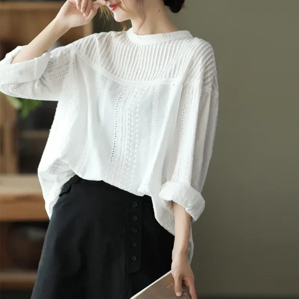 100% Cotton Hollow-Out White Blouse for Women - Image 2