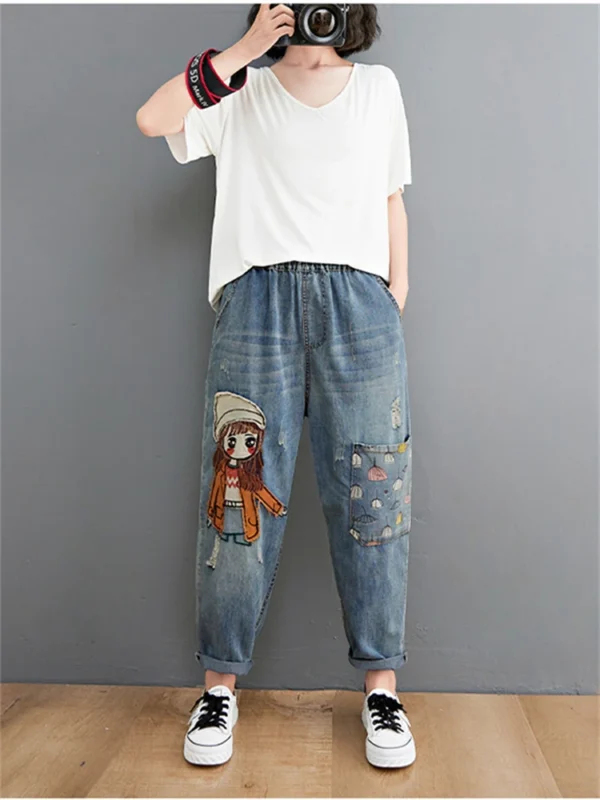 Cartoon Embroidery Harem Denim Pants – Women’s High Waist - Image 5