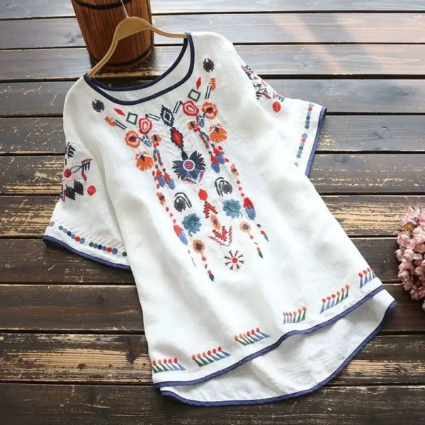 Women’s Cotton Floral Embroidery Pullover Top – Summer - Image 4
