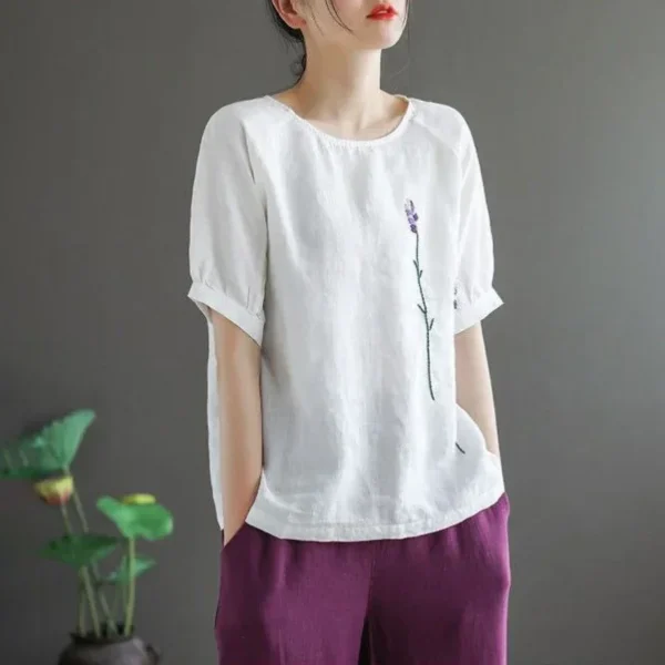 100% Cotton Embroidered Loose Pullover Casual Top – White - Image 6