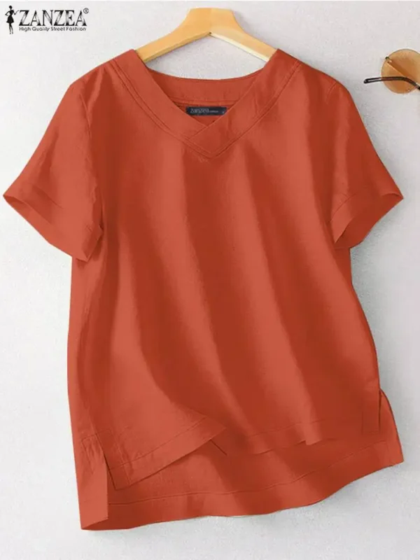 ZANZEA Women Summer Oversized Cotton V-Neck Blouse - Image 2