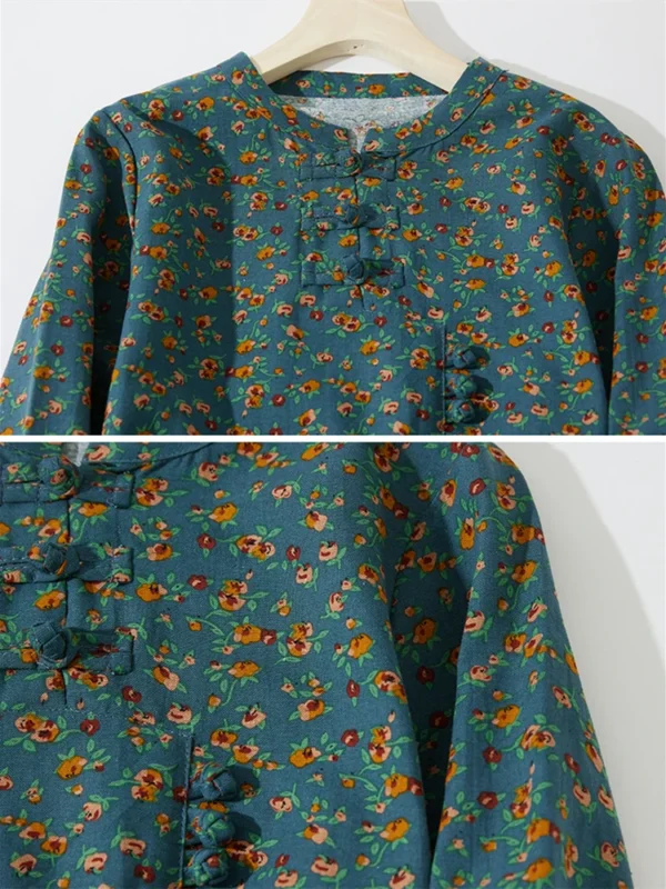 AnGenk Autumn Cotton Linen Vintage Printed Dress - Image 3