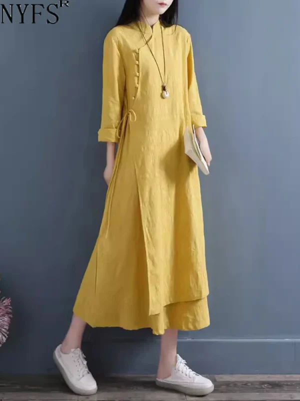 NYFS 2025 Spring Women’s Layered Cotton Linen Dress - Image 2