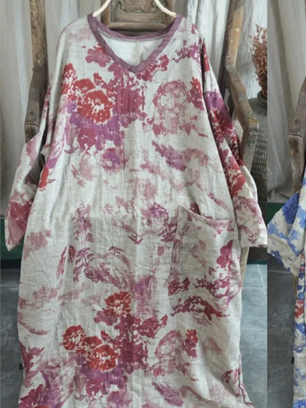Women Autumn Loose Cotton Linen Chinese Style Dress - Image 5