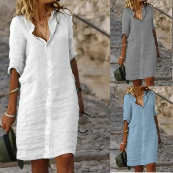 White Cotton Shirt Dress – Linen Blend Mini for Women - Image 2
