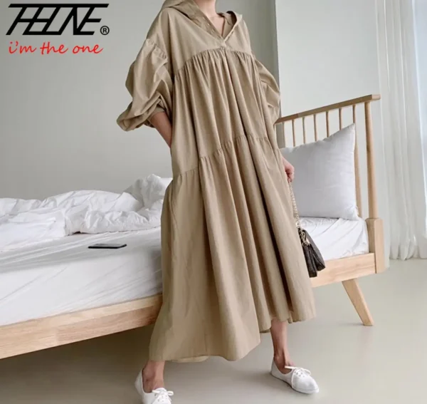 Women’s Hooded Cotton Linen A-Line Long Sleeve Dress - Image 4