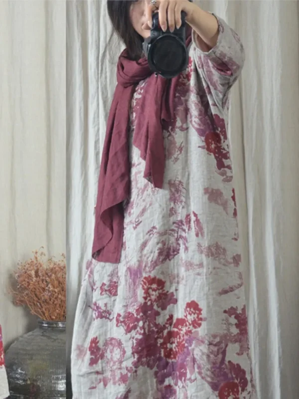 Women Autumn Loose Cotton Linen Chinese Style Dress - Image 2