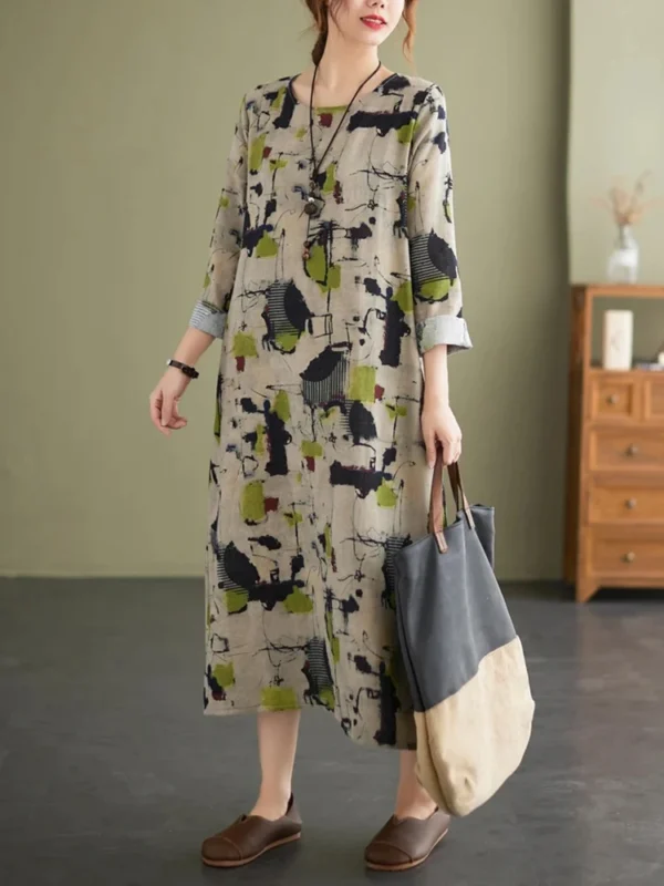 AnGenk Cotton Linen Spring Printed Casual Dress - Image 5