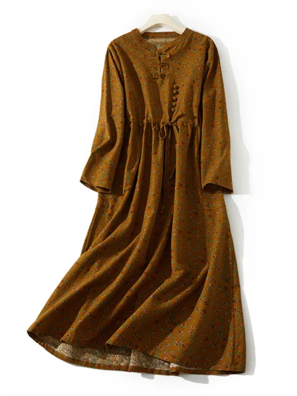 AnGenk Autumn Cotton Linen Vintage Printed Dress - Image 2