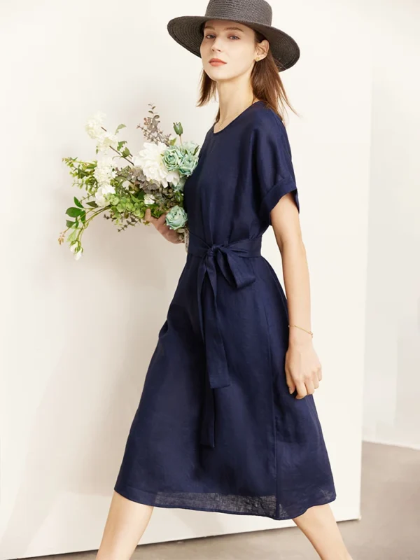 AMII Minimalist women 100% Linen O-Neck Summer Dress - Image 4