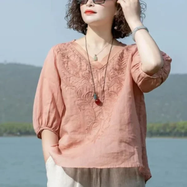 Summer Cotton Linen Tops for Women – Casual & Embroidered - Image 2