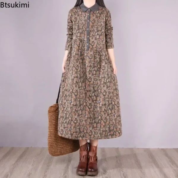 Btsukimi 2025 Autumn Cotton Linen Floral A-Line Dress - Image 2