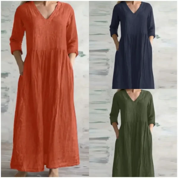 MsChuh Cotton Linen Loose V-Neck Long Casual Dress - Image 4