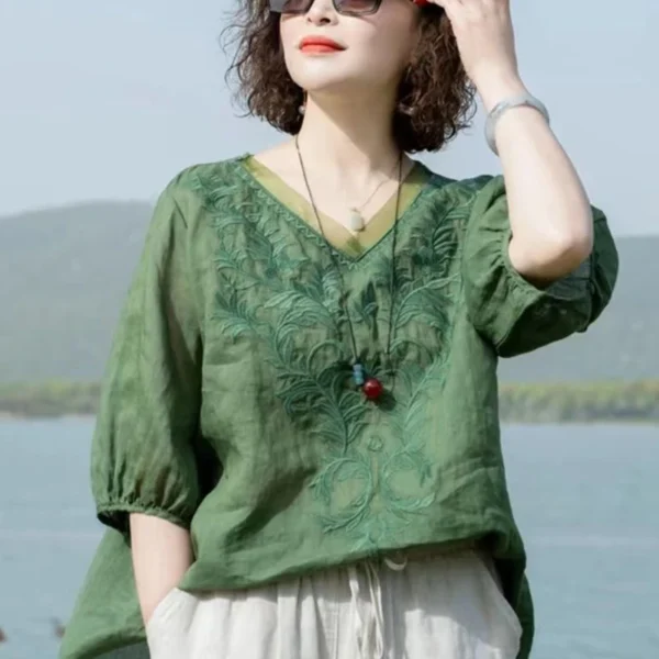 Summer Cotton Linen Tops for Women – Casual & Embroidered - Image 3