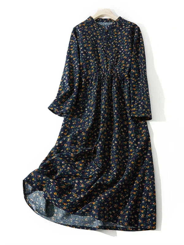 AnGenk Autumn Cotton Linen Vintage Printed Dress - Image 6
