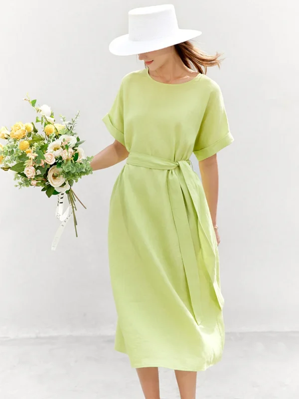 AMII Minimalist women 100% Linen O-Neck Summer Dress - Image 3