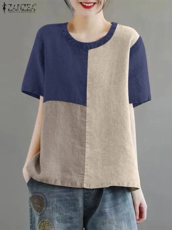 ZANZEA Women’s Patchwork Cotton Linen Blouse - Image 3