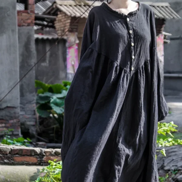 Retro Cotton Linen Lantern Sleeve Maxi Dress for Women - Image 4