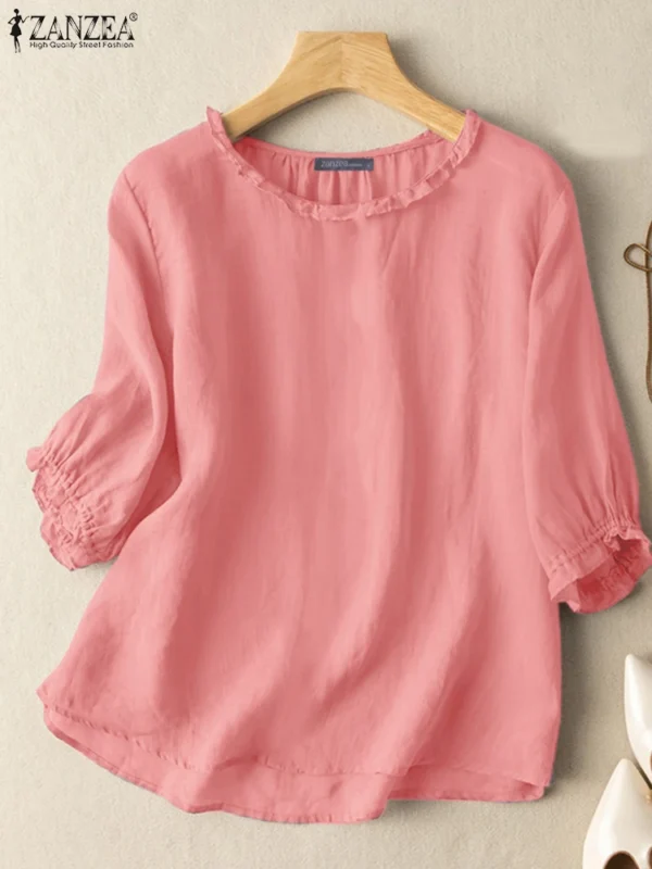 ZANZEA Women Autumn Puff Sleeve Solid Blouse - Image 4