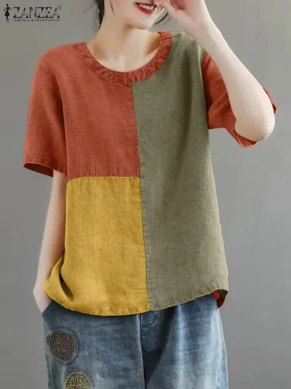 ZANZEA Women’s Patchwork Cotton Linen Blouse - Image 4