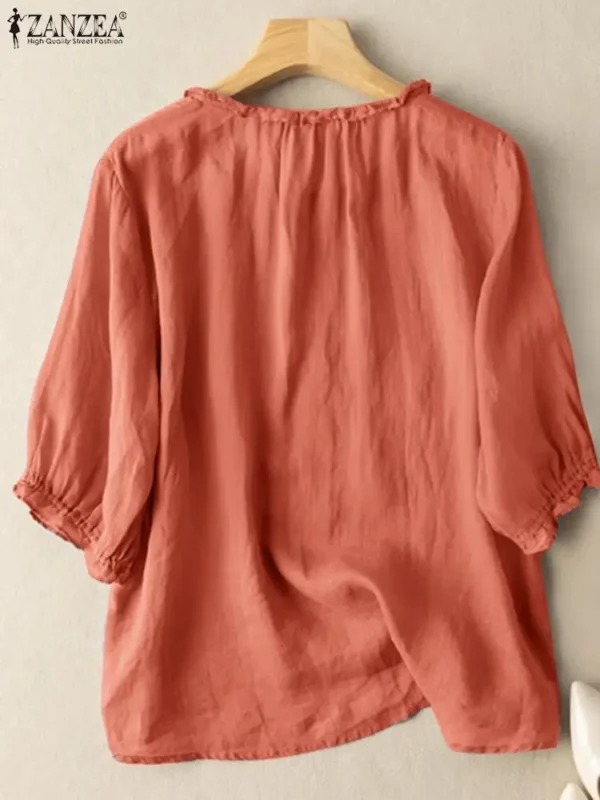 ZANZEA Women Autumn Puff Sleeve Solid Blouse - Image 3