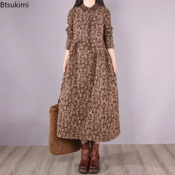 Btsukimi 2025 Autumn Cotton Linen Floral A-Line Dress - Image 4