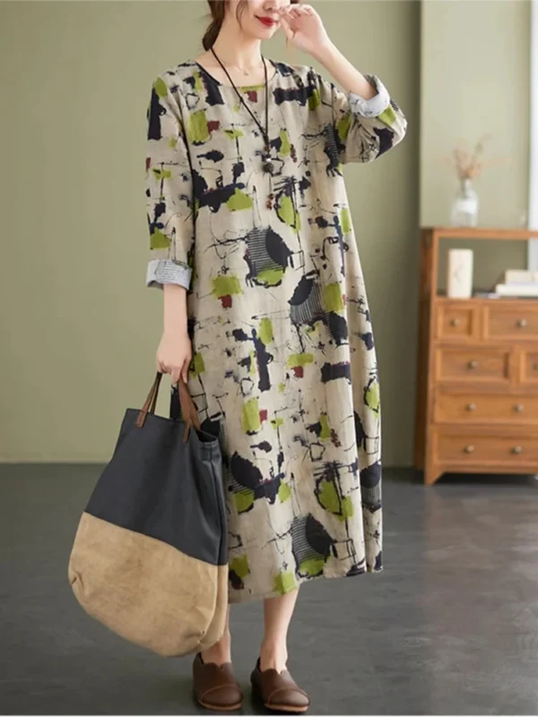 AnGenk Cotton Linen Spring Printed Casual Dress - Image 6