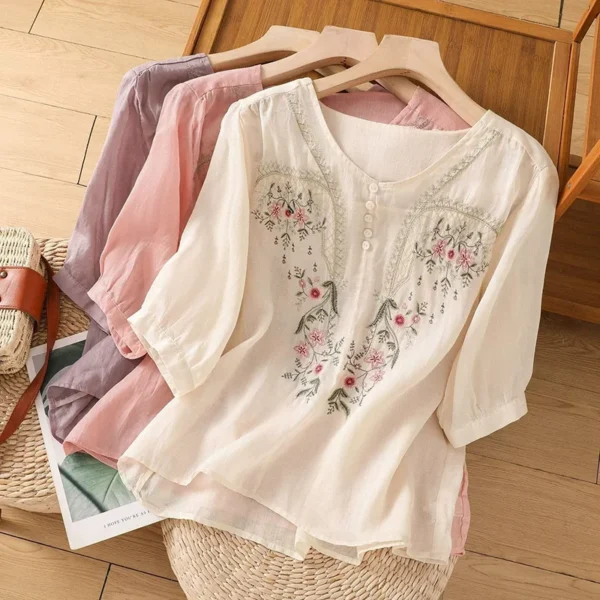 Women’s Summer Casual Cotton-Linen Embroidered Blouse - Image 5