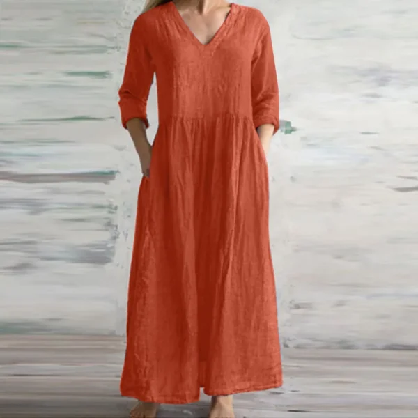 MsChuh Cotton Linen Loose V-Neck Long Casual Dress - Image 2